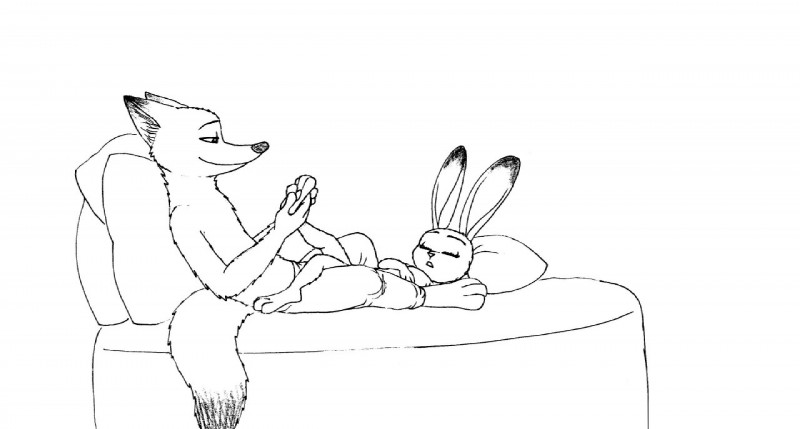 anthro barefoot bed clothed clothing dipstick_tail duo eyes_closed feet female foot_rub fur furniture long_ears male markings massage multicolored_tail open_mouth simple_background sitting sleeping smile tail tail_markings topless white_background bernielover disney zootopia judy_hopps nick_wilde canid canine fox lagomorph leporid mammal rabbit red_fox true_fox 2016 black_and_white monochrome