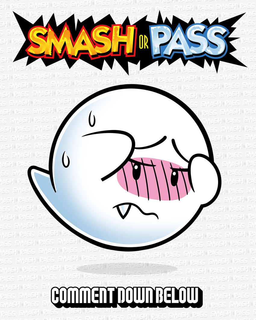 ambiguous_gender black_eyes black_outline blush bodily_fluids fangs floating half-closed_eyes narrowed_eyes outline shadow shy simple_background solo sweat teeth text text_background wavy_mouth white_background white_body downrightshoddy mario_bros nintendo boo_(mario) 4:5 absurd_res english_text hi_res
