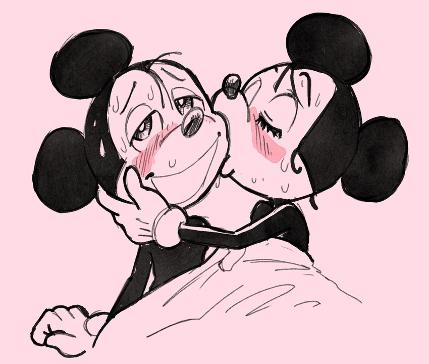 after_sex anthro blush bodily_fluids clothing duo female gloves handwear holding_face kissing_cheek male male/female sweat under_covers mbwillie disney mickey_mouse minnie_mouse mammal mouse murid murine rodent hi_res