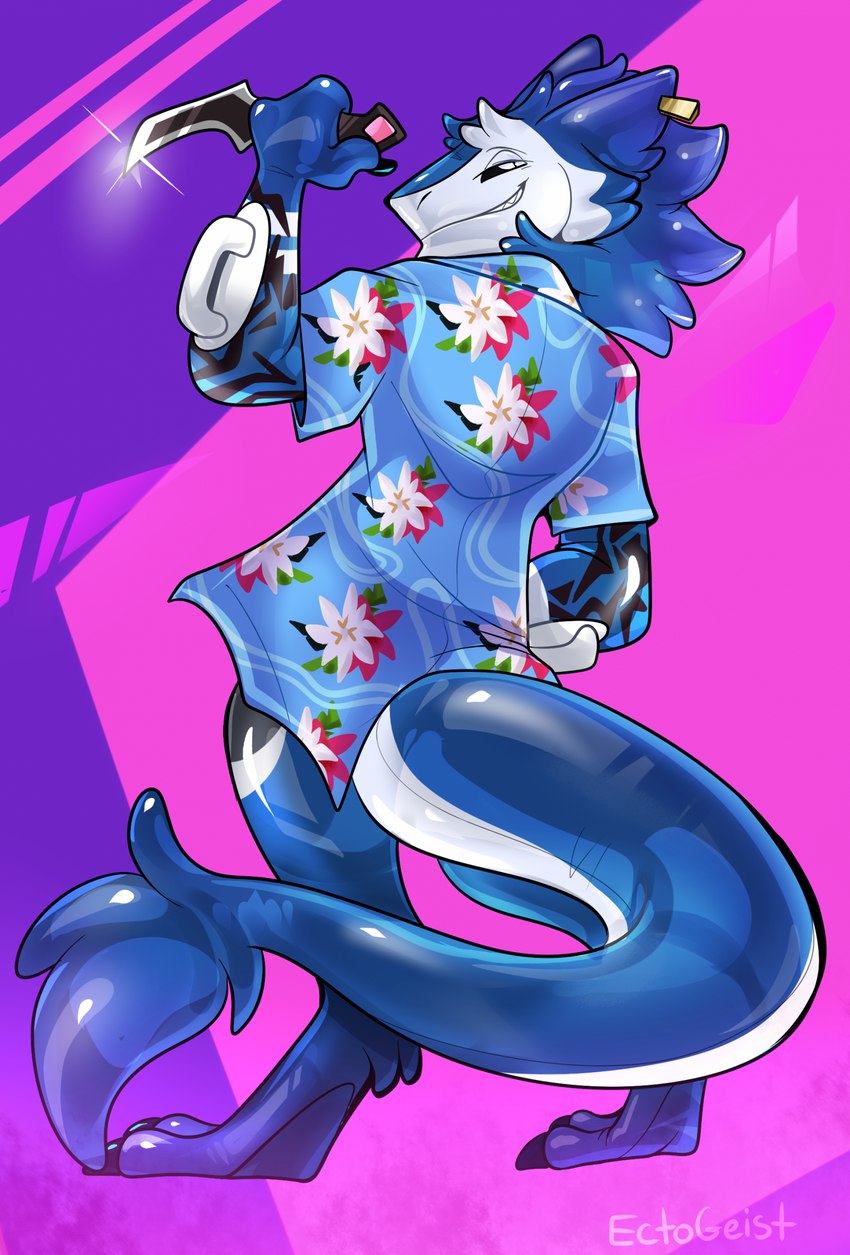 aloha_shirt ambiguous_gender anthro blue_body blue_clothing blue_eyes blue_shirt blue_topwear claws clothing floral_pattern gem glint grin handle_bars handles_on_arms holding_object holding_weapon inflatable karambit pattern_clothing pattern_shirt pattern_topwear pink_gem pool_toy shirt simple_background smile solo standing tingtang_gang topwear weapon rindeadsong limbus_company project_moon animate_inanimate living_inflatable sergal 2023 hi_res shaded