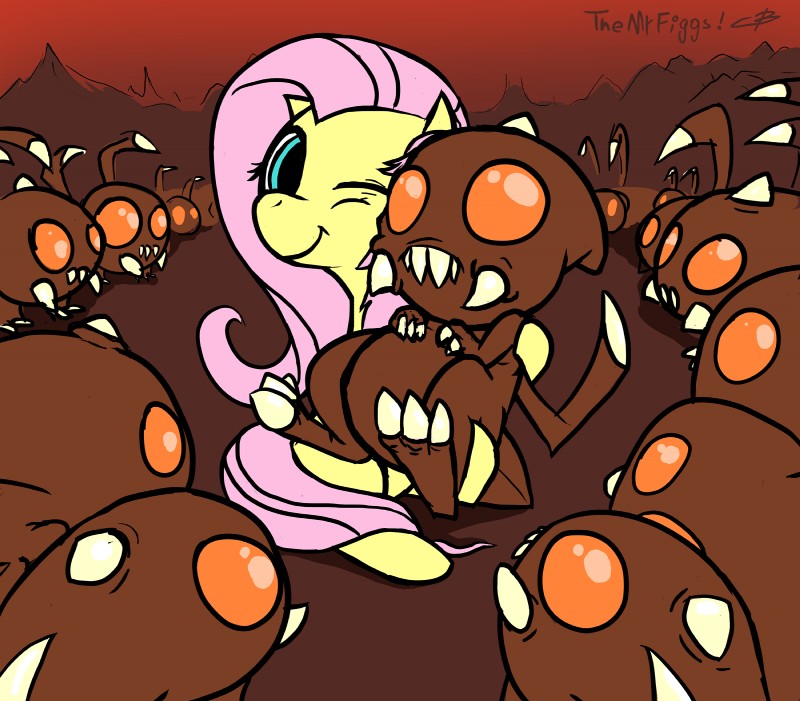 blue_eyes brown_body cuddling female feral group orange_eyes pink_body yellow_body figgs blizzard_entertainment friendship_is_magic hasbro my_little_pony starcraft fluttershy_(mlp) alien equid equine horse mammal pony zerg zergling absurd_res crossover hi_res