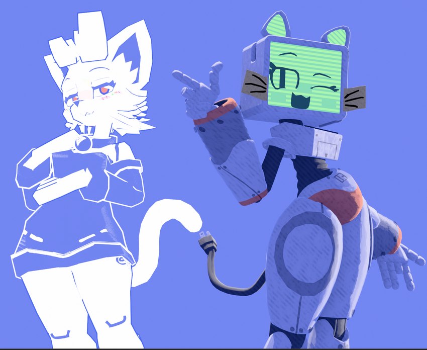 anthro bedroom_eyes biped blue_eyes blush breasts cheek_tuft cleavage clothed clothing collar collar_tag cord_tail dress duo facial_tuft female finger_gun gesture hand_gesture hand_on_belly hand_on_chest hip_sway inner_ear_fluff looking_at_viewer medium_breasts narrowed_eyes one_eye_closed open_mouth power_cord pupils red_pupils screen screen_face seductive segmented_body simple_background sleeves small_waist strapless_clothing strapless_dress thick_thighs tuft whiskers wide_hips wink winking_at_viewer fc5 discord_(app) clyde_(discord) domestic_cat felid feline felis mammal robot_anthro hi_res