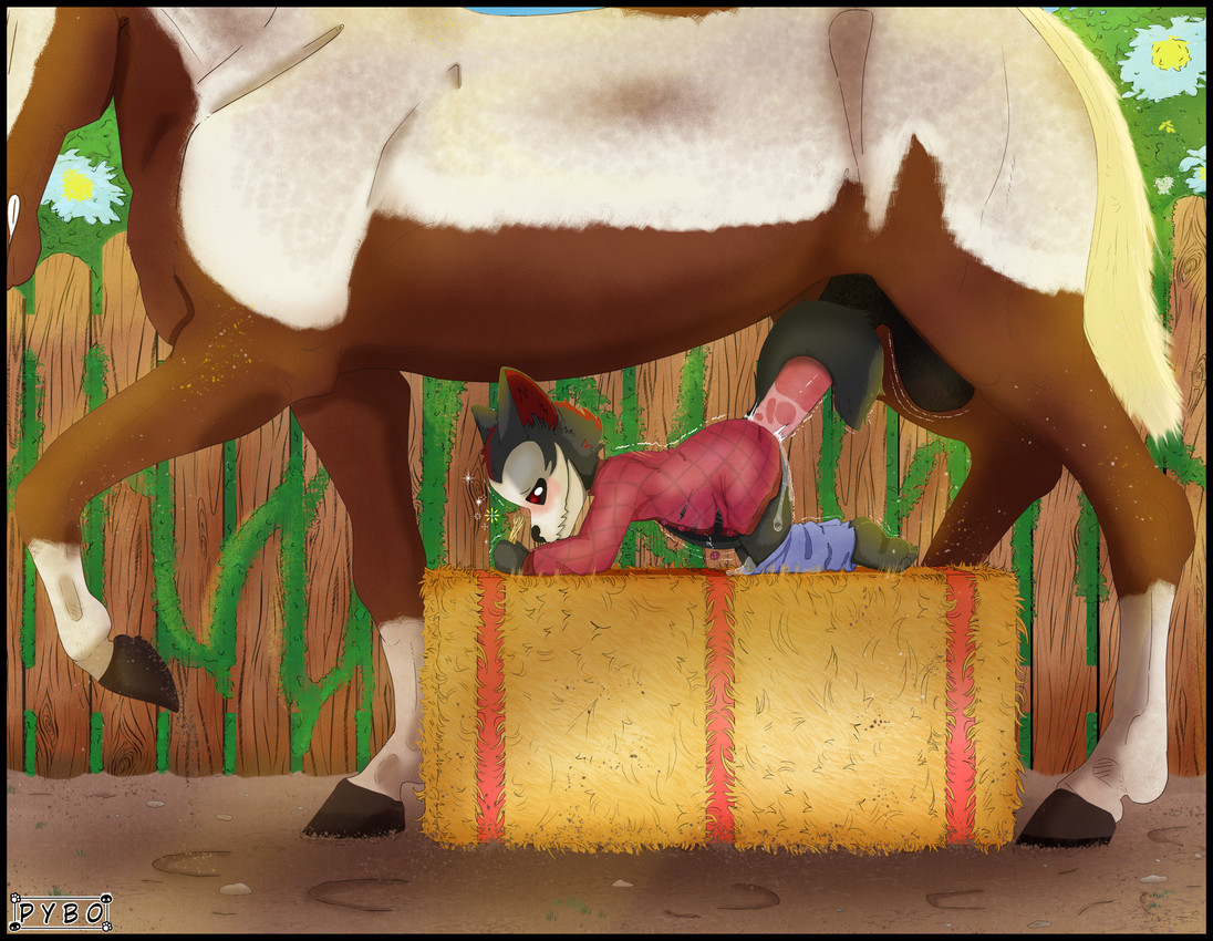 abdominal_bulge anal anal_penetration animal_genitalia animal_penis anthro anthro_on_feral anthro_penetrated belly bent_over bestiality big_belly black_body black_border black_fur black_tail blush bodily_fluids border bottomwear bottomwear_down brown_body brown_fur bursting_out_of_clothing clothed clothing cum cum_inflation cum_inside duo equine_genitalia equine_penis feral feral_penetrating feral_penetrating_anthro fur genital_fluids genitals glowing glowing_eyes hay hay_bale hooves inflation male male/male outside pants pants_down partially_clothed penetration penis red_eyes sex simple_background size_difference smaller_penetrated tail text torn_clothing white_body white_fur young pybo nazukio equid equine horse kryptid mammal absurd_res english_text hi_res