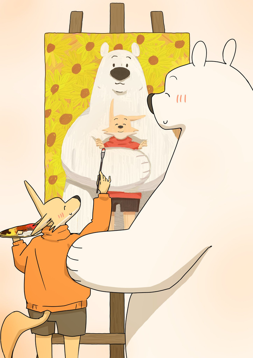 anthro biped black_nose blush bottomwear clothing dot_eyes duo eyes_closed hug hugging_another hugging_from_behind kemono painting painting_(action) shorts simple_eyes size_difference panda_po bear canid canine fox mammal polar_bear ursine 2024 hi_res
