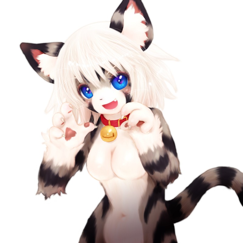 anthro bell bell_collar blue_eyes breasts collar fangs featureless_breasts female hair looking_at_viewer nude open_mouth simple_background smile solo teeth white_background white_hair tetetor-oort karin_(tetetor-oort) domestic_cat felid feline felis mammal 1:1 2017 hi_res