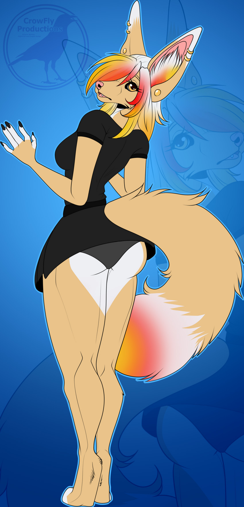 anthro brown_body brown_fur ear_piercing female fur panty_flash piercing solo white_body white_fur yellow_eyes crowflyproductions rose_dandy-ba canid canine fennec_fox fox hybrid mammal mink mustelid musteline true_fox true_musteline absurd_res hi_res