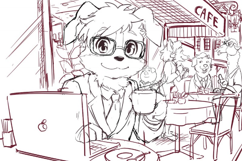 anthro business_suit cafe clothed clothing container cup eyewear fur glasses hair holding_container holding_cup holding_object male napkin_holder necktie saucer suit maruyama_(artist) apple_inc. apple_macintosh macbook tenshoku_safari background_character coronta_(tenshoku_safari) canid canine canis domestic_dog mammal 3:2 official_art sketch