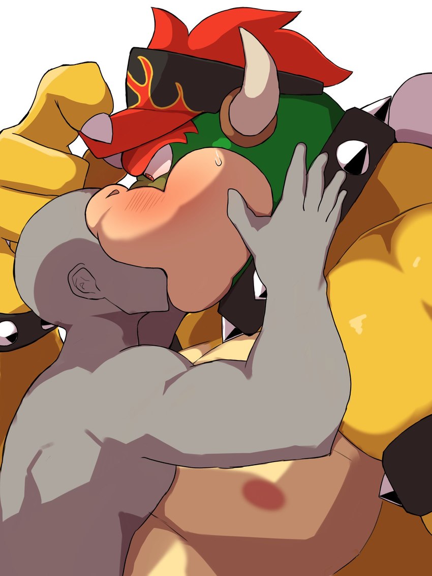 anthro belly biceps blush bodily_fluids claws clothing duo faceless_character faceless_male hair hat headgear headwear human_on_anthro interspecies kissing male male/male muscular muscular_anthro muscular_male nipples pecs red_eyes red_hair sweat yellow_body yoshizaurusu_n mario_bros mario_golf nintendo bowser human koopa mammal scalie 3:4 hi_res