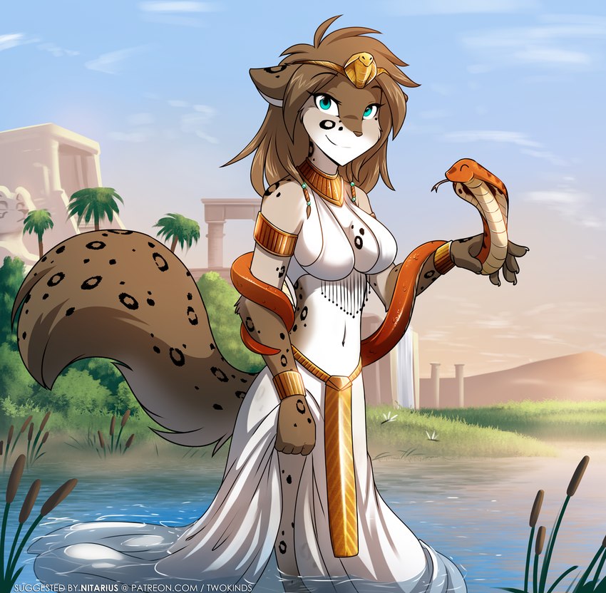 anthro arm_cuffs bracelet breasts cattail_(plant) cleavage clothed clothing clothing_lift coiled_tail collar crown detailed_background dress dress_lift duo egyptian egyptian_belt egyptian_clothing female feral forked_tongue fur hair headdress headgear jewelry looking_at_viewer markings midriff navel necklace outside palm_tree partially_submerged pillar plant reeds river skimpy smile sphinx_(sculpture) spots spotted_body spotted_fur tail temple text tiara tongue tongue_out tree water conditional_dnp tom_fischbach twokinds kathrin_vaughan arthropod canid canine cobra dragonfly felid hybrid insect keidran mammal pantherine reptile scalie snake 2022 adobe_photoshop_(artwork) colored digital_media_(artwork) hi_res url