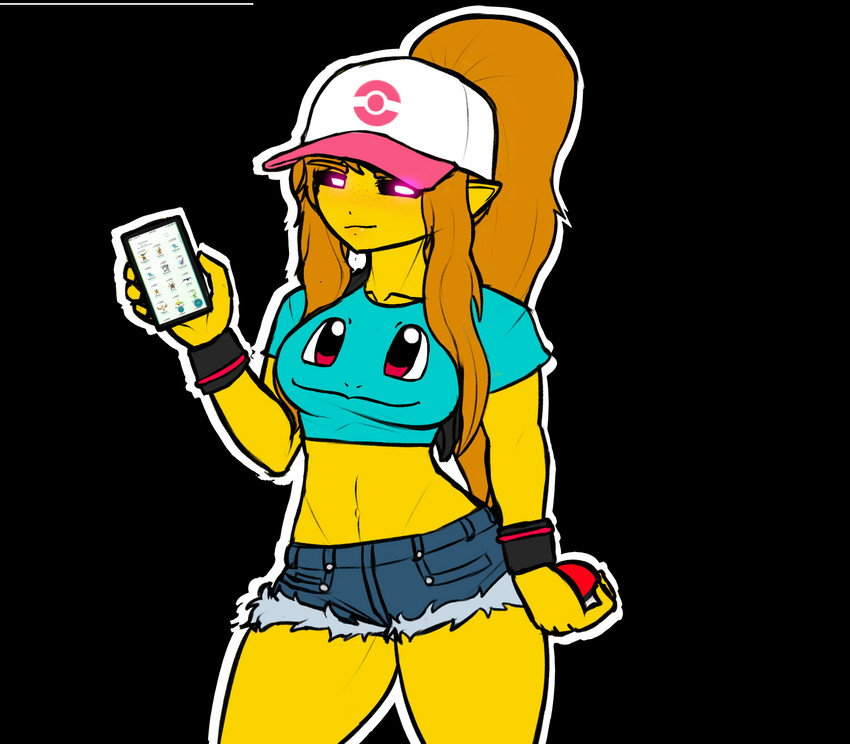 alternate_species black_sclera bottomwear cellphone clothed clothing daisy_dukes denim denim_bottomwear denim_clothing denim_shorts electronics female freckles glowing glowing_eyes hair hotpants humanoid_pointy_ears humanoidized long_hair navel not_furry phone pink_eyes pointy_ears pokeball ponytail shorts skimpy smartphone smile smirk solo standard_pokeball yellow_body yellow_skin datfurrydude five_nights_at_freddy's five_nights_at_freddy's_2 nintendo pokemon scottgames toy_chica_(fnaf) blastoise eeveelution exeggutor flareon generation_1_pokemon golbat humanoid jolteon orc pidgeot pinsir pokemon_(species) scyther squirtle vaporeon venomoth weepinbell alpha_channel hi_res