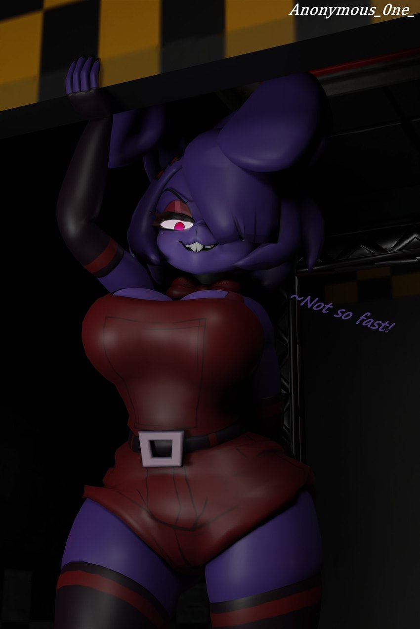 anthro belt belt_buckle big_breasts bow_ribbon breasts buckle buckteeth clothed clothing crossgender dialogue exclamation_point female legwear machine mtf_crossgender pink_eyes raised_arm solo teeth text thigh_highs anonymous_0ne five_nights_at_freddy's fredina's_nightclub scottgames bonnie_(cally3d) bonnie_(fnaf) animatronic lagomorph leporid mammal rabbit robot 2023 3d_(artwork) absurd_res digital_media_(artwork) english_text hi_res