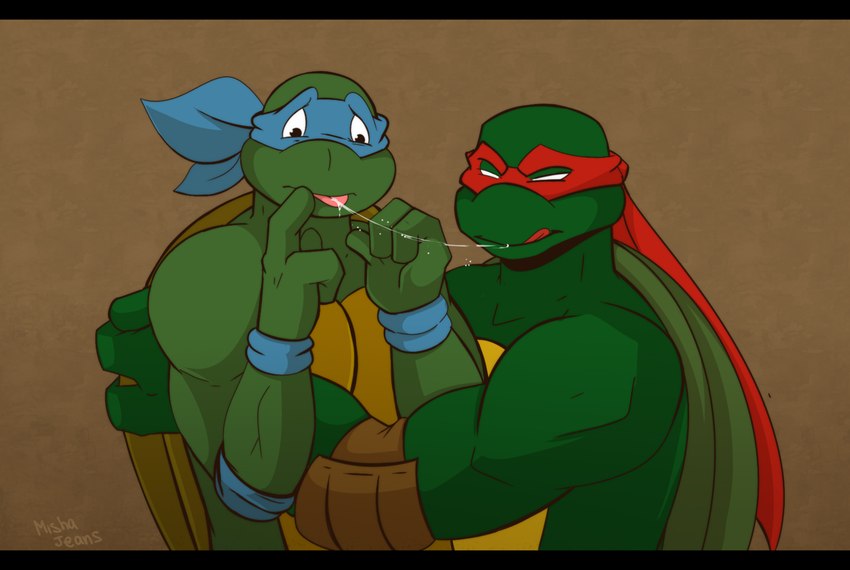 3_fingers after_kiss anthro black_bars bodily_fluids duo fingers hug licking licking_lips licking_own_lips male male/male mask saliva saliva_string shell simple_background standing tongue tongue_out mishajeans teenage_mutant_ninja_turtles leonardo_(tmnt) raphael_(tmnt) reptile scalie turtle digital_media_(artwork) hi_res letterbox brother_(lore) brothers_(lore) incest_(lore) sibling_(lore)