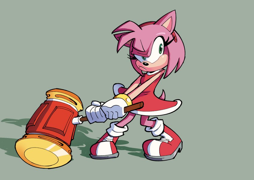 angry anthro boots clothing female footwear gloves green_eyes handwear piko_piko_hammer shoes simple_background solo rusheloc sega sonic_the_hedgehog_(series) amy_rose eulipotyphlan hedgehog mammal