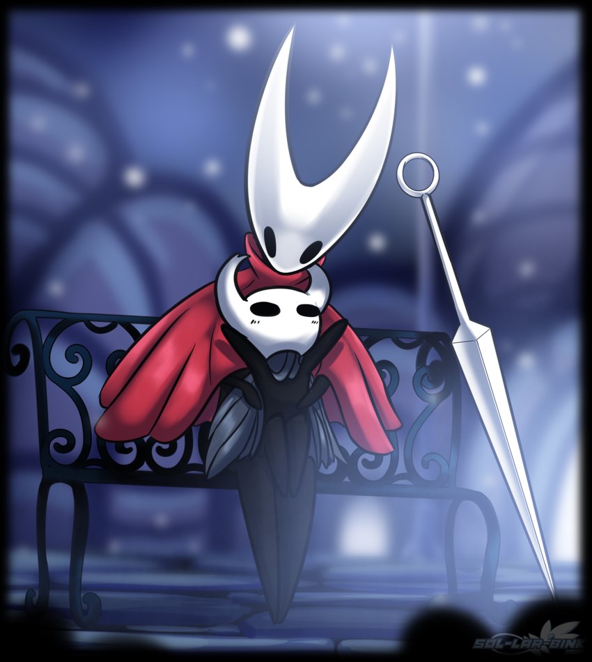 2_horns ambiguous_gender bench black_arms black_eyes black_legs cloak clothing daww duo horn melee_weapon outside raised_arms red_cloak red_clothing sitting tail text weapon white_head sol-lar-bink hollow_knight team_cherry hornet_(hollow_knight) the_knight_(hollow_knight) arthropod vessel_(species) 2020 artist_name digital_media_(artwork) english_text hi_res sibling_(lore) sister_(lore)