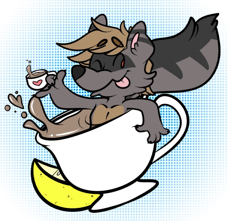 anthro container cup fluffy fluffy_tail food fruit hair heart_symbol lemon male micro one_eye_closed plant red_eyes solo tail tea_cup tongue wink unknown_artist tealmarket hybrid mammal mephitid procyonid raccoon skunk 2015