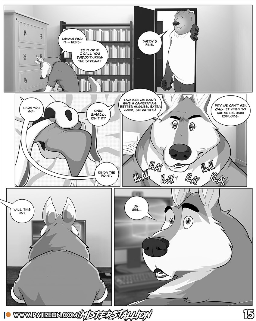 anthro bookshelf clothed clothing computer dialogue drawers duo electronics eyebrows fur furniture inside jockstrap larger_male male male/male monitor open_mouth patreon_logo size_difference smaller_male sound_effects speech_bubble teeth text underwear misterstallion microsoft microsoft_windows patreon windows_10 ardent_(misterstallion) sid_(misterstallion) bear canid canine canis mammal wolf 4:5 comic english_text greyscale hi_res monochrome url