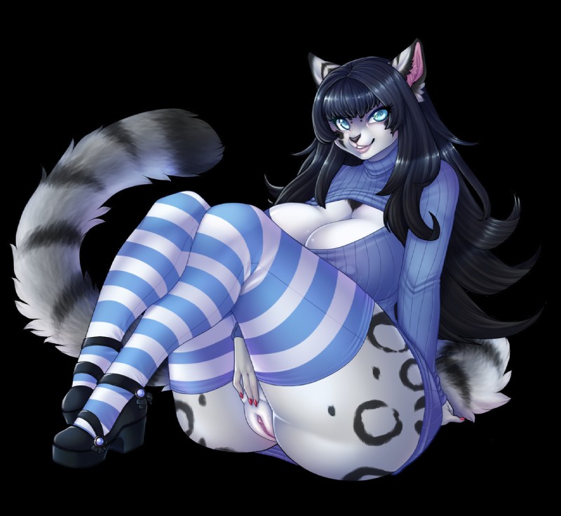 anthro big_breasts big_butt biped black_body black_fur black_hair blue_eyes breasts butt cleavage cleavage_cutout clothed clothing cutout female fur genitals hair huge_breasts keyhole_turtleneck legwear long_hair looking_at_viewer nipple_outline pussy sitting smile solo spots stockings sweater thick_thighs topwear turtleneck white_body white_fur unifawn hollandworks eirwen_vaan felid leopard mammal pantherine snow_leopard alpha_channel