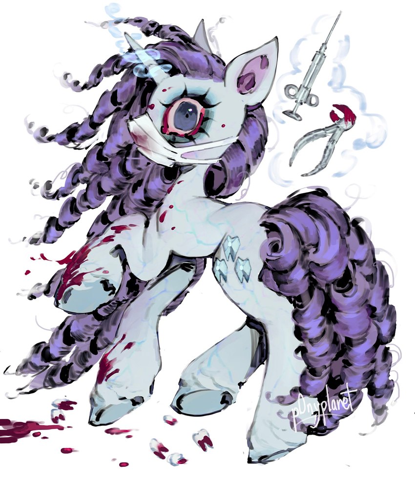 1_horn blood blood_on_face blood_on_ground blood_on_hand blood_stain bloodshot_eyes blue_eyes bodily_fluids curled_tail curly_hair cutie_mark dentist dentist_tool face_mask female feral fetlocks fur gore hair hooves horn insane magic mask pliers purple_hair purple_tail simple_background solo syringe tail teeth telekinesis tools white_background white_body white_fur p0nyplanet friendship_is_magic hasbro my_little_pony mythology rarity_(mlp) equid equine mammal mythological_creature mythological_equine unicorn digital_media_(artwork) digital_painting_(artwork) hi_res painting_(artwork) watermark