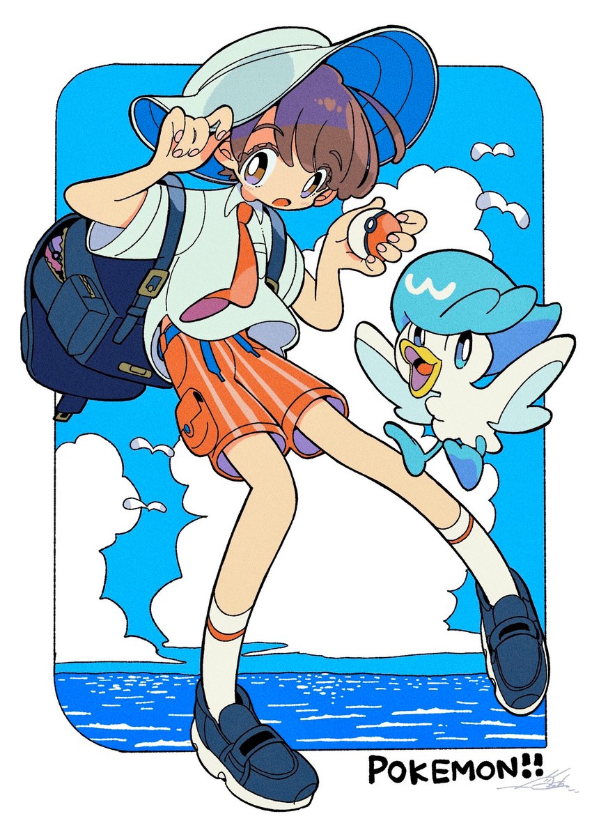 ambiguous_gender backpack blue_hair bottomwear brown_hair clothed clothing duo feral footwear hair hat headgear headwear male naranja_academy necktie orange_bottomwear orange_clothing orange_necktie orange_shorts pokeball school_uniform shoes shorts text uniform kanekoshake nintendo pokemon florian_(pokemon) ambient_flier ambient_wingull anatid anseriform avian bird generation_3_pokemon generation_9_pokemon human mammal pokemon_(species) quaxly wingull copyright_name hi_res