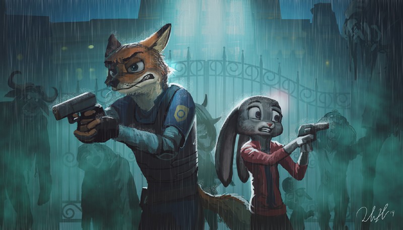 anthro clothing cosplay costume female fingerless_gloves gloves group gun handgun handwear horn horror_(theme) long_ears male night parody pistol police police_uniform raining ranged_weapon revolver uniform weapon wet cicakkia capcom disney resident_evil zootopia chief_bogo claire_redfield dawn_bellwether flash_slothmore judy_hopps leodore_lionheart leon_kennedy nick_wilde yax bovid bovine bow_experiment_(resident_evil) canid canine cape_buffalo caprine felid fox giraffe giraffid lagomorph leporid lion mammal pantherine pilosan rabbit red_fox sheep sloth t-virus_mutant_(resident_evil) true_fox undead xenarthran yak zombie 2019 crossover redraw signature