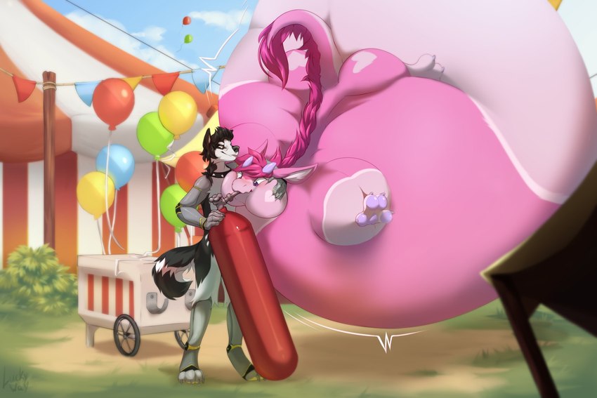 anthro balloon belly belly_expansion big_belly big_cheeks black_body black_fur black_hair body_inflation cheek_expansion circus_tent expansion floating forced forced_inflation fur grass hair helium_inflation helium_tank hose hose_inflation huge_belly huge_cheeks hyper hyper_belly hyper_cheeks hyper_inflation immobile inflatable inflation motion_lines pink_body pink_fur plant sand spherical_inflation swelling luckyway mythology mazushi sam_(milofox) canid canine canis domestic_dog dragon husky mammal mythological_creature mythological_scalie nordic_sled_dog scalie spitz 2023 artist_name hi_res