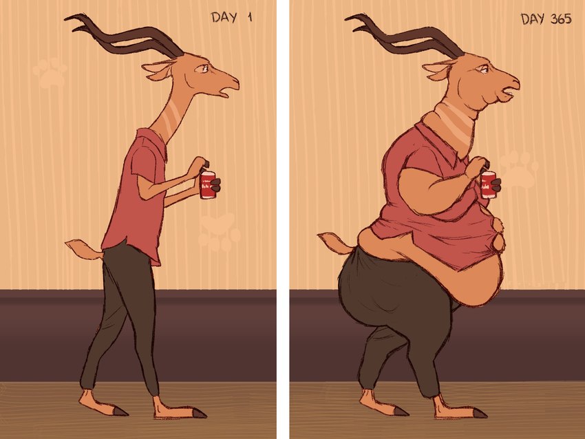 alcohol ambiguous_gender anthro beer belly belly_overhang beverage big_belly fit_to_fat obese obese_ambiguous obese_anthro overweight overweight_ambiguous overweight_anthro solo text time_lapse weight_gain dragontzin disney zootopia bucky_oryx-antlerson antelope bovid bovine kudu mammal spiral-horned_antelope 2021 4:3 digital_drawing_(artwork) digital_media_(artwork) english_text hi_res sequence