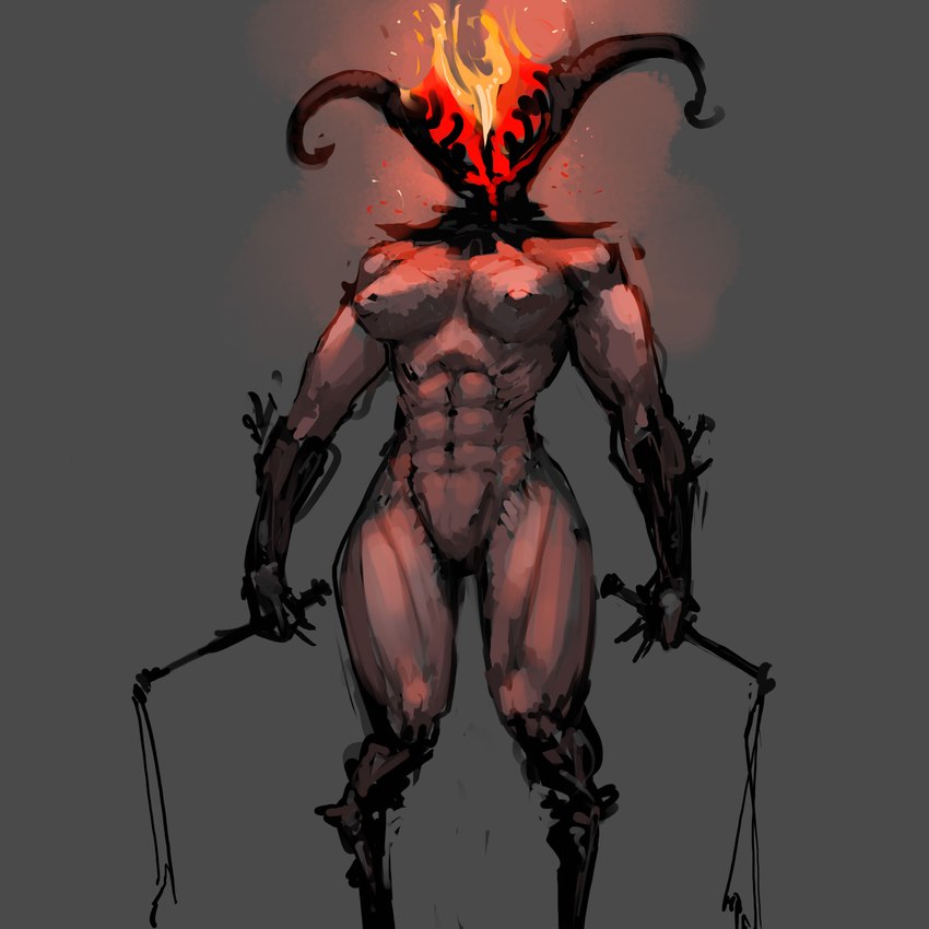 abs breasts featureless_crotch female fire holding_object holding_whip muscular muscular_female nipples solo whip meandraco demon humanoid 1:1 hi_res