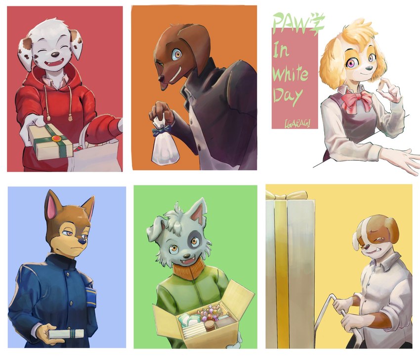 anthro anthrofied clothed clothing female gift group holidays male open_mouth open_smile school_uniform smile uniform igaragi paw_patrol valentine's_day white_day chase_(paw_patrol) marshall_(paw_patrol) rocky_(paw_patrol) rubble_(paw_patrol) skye_(paw_patrol) zuma_(paw_patrol) bird_dog bulldog canid canine canis cockapoo dalmatian domestic_dog english_bulldog german_shepherd herding_dog hunting_dog labrador mammal mastiff mixed_breed molosser pastoral_dog retriever 2022 hi_res