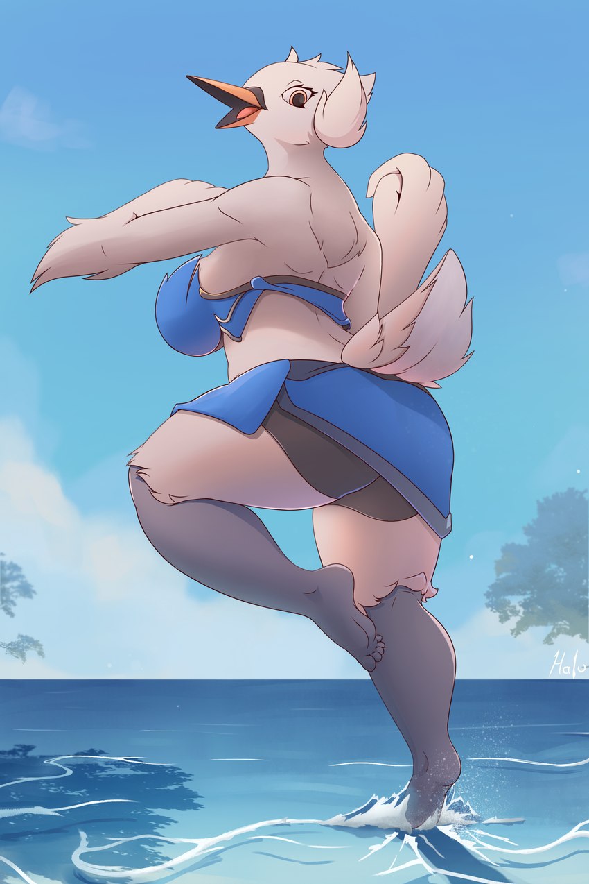 anthro beach clothing feet female looking_back seaside solo swimwear tail water halu game_freak nintendo pokemon anatid anseriform anserinae avian bird generation_5_pokemon pokemon_(species) swan swanna absurd_res hi_res