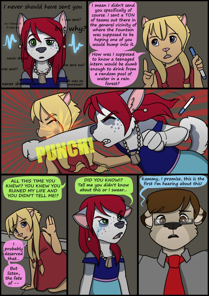 anthro biped clothing detailed_background dialogue female fur group hair male necktie nstanding shirt speech_bubble text topwear kammypup_(artist) runt_(artist) kammypup 2021 artist_collaboration comic english_text hi_res