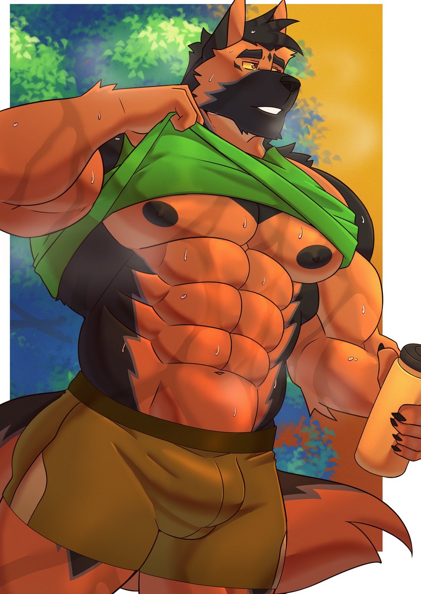 abs anthro barazoku black_body black_fur bodily_fluids bottle bottomwear breath brown_body brown_fur bulge clothed clothing container cooling_off countershade_neck countershade_torso countershading detailed_bulge exhausted eyebrows fur green_clothing green_shirt green_tank_top green_topwear holding_bottle holding_container holding_object male multicolored_body multicolored_fur muscular muscular_anthro muscular_male nipples outside pecs plant raised_clothing raised_shirt raised_topwear shirt shorts solo sweat sweatdrop tank_top thick_eyebrows topwear tree black-kun canid canine canis domestic_dog german_shepherd herding_dog mammal pastoral_dog 2025 absurd_res digital_media_(artwork) hi_res