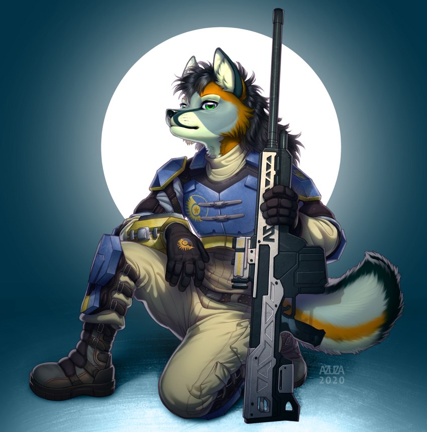 anthro armor black_hair black_nose blue_armor boots bottomwear clothed clothing footwear fur glistening glistening_eyes green_eyes grey_body grey_fur gun hair holding_gun holding_object holding_ranged_weapon holding_sniper_rifle holding_weapon kneeling male mouth_closed multicolored_body multicolored_fur orange_body orange_fur pants ranged_weapon rifle shoes simple_background sniper_rifle solo tan_bottomwear tan_clothing tan_pants weapon yellow_body yellow_fur azuza new_conglomerate planetside_2 canid mammal 2020 artist_name dated full-length_portrait portrait