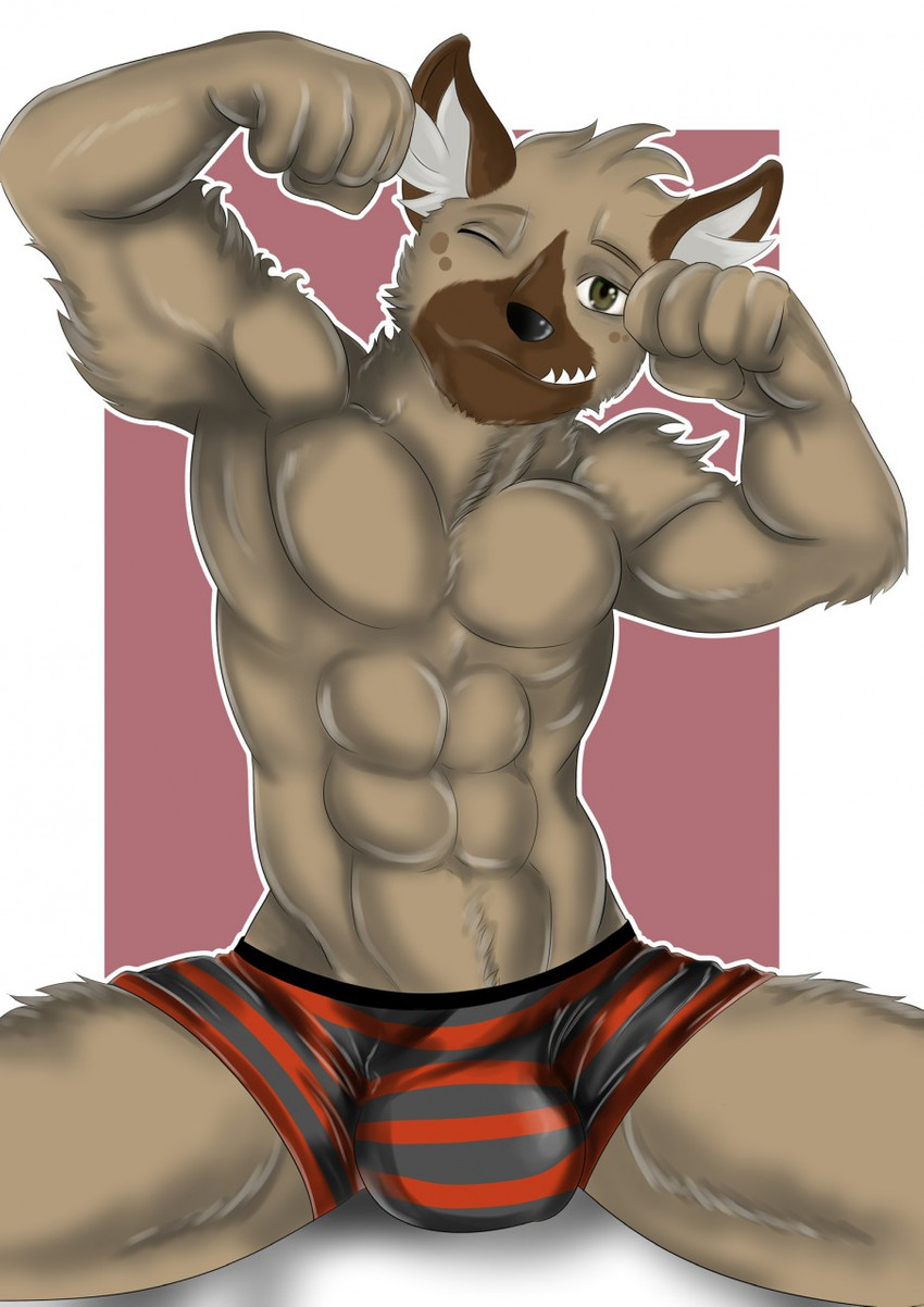 abs anthro biceps big_bulge bulge clothed clothing flexing male muscular muscular_anthro muscular_male one_eye_closed pecs solo topless underwear wink checkhoff aggretsuko sanrio haida_(aggretsuko) hyena mammal spotted_hyena hi_res