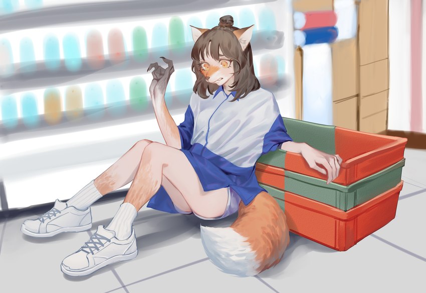 amber_eyes brown_hair clothing female footwear hair human_to_anthro inside looking_down shoes sneakers socks solo species_transformation surprised tail transformation ora_ozen human mammal 2024 absurd_res hi_res