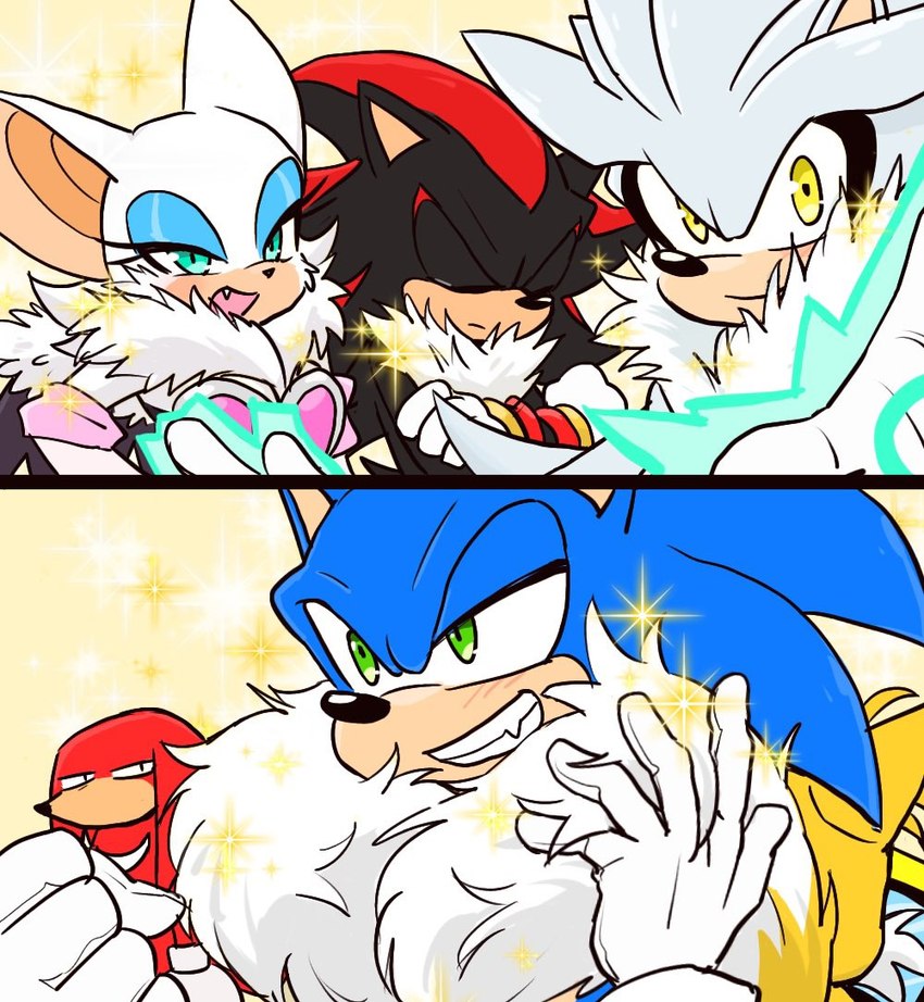 anthro black_body black_fur blue_body blue_fur clothing female fur gloves green_eyes grey_body grey_fur group handwear low_eyes male multi_tail red_body red_fur sparkles tail white_body white_fur wings yellow_body yellow_fur yotsumeddd sega sonic_the_hedgehog_(series) knuckles_the_echidna miles_prower rouge_the_bat shadow_the_hedgehog silver_the_hedgehog sonic_the_hedgehog bat canid canine eulipotyphlan fox hedgehog mammal