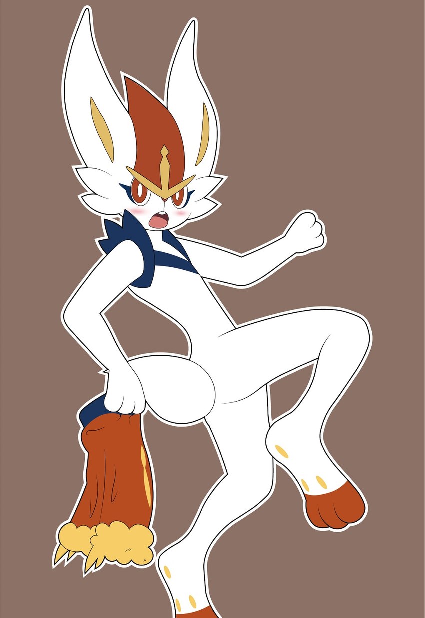 ambiguous_gender anthro blush bottomwear caught_in_the_act clothing embarrassed fur holding_clothing holding_object looking_at_viewer nude pseudo_clothing pseudo_clothing_removed red_eyes shorts solo white_body white_fur tmdduq6918 nintendo pokemon cinderace generation_8_pokemon lagomorph mammal pokemon_(species) hi_res