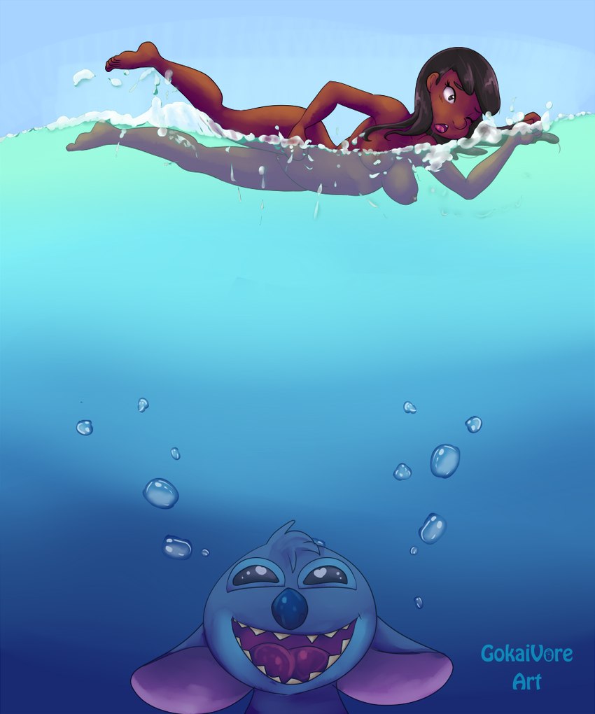 adolescent aged_up anthro blue_body blue_fur blue_nose breasts bubble dark_body duo feet female fur genitals hungry imminent_vore male male/female navel nipples nude open_mouth open_smile parody pussy sea skinny_dipping smile teeth tongue underwater water young young_human gokaivore disney jaws_(film) lilo_and_stitch universal_studios lilo_pelekai stitch_(lilo_and_stitch) alien experiment_(lilo_and_stitch) human mammal 5:6