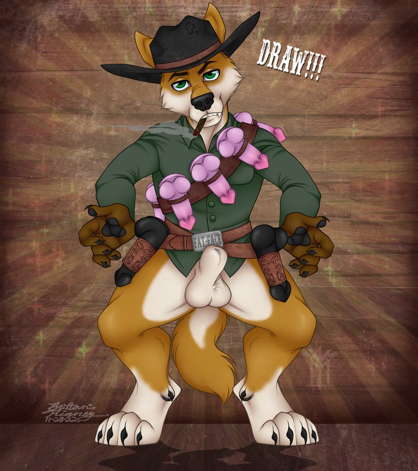 animal_genitalia anthro balls bottomless chibi cigar clothed clothing cowboy cowboy_hat detached_sheath dildo fully_sheathed genitals hat headgear headwear humor male outlaw sex_toy sheath shirt silly slinger smoke smoking solo topwear western thehuntingwolf bundadingy bundy canid canine canis dingo mammal absurd_res hi_res