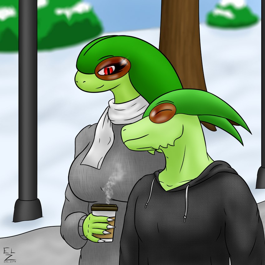 anthro beverage breasts clothed clothing coffee dating duo eyelashes female green_body male male/female red_eyes scarf snow sweater topwear el_zeta nintendo pokemon kael_(el_zeta) vanessa_(el_zeta) flygon generation_3_pokemon pokemon_(species) 1:1 absurd_res hi_res