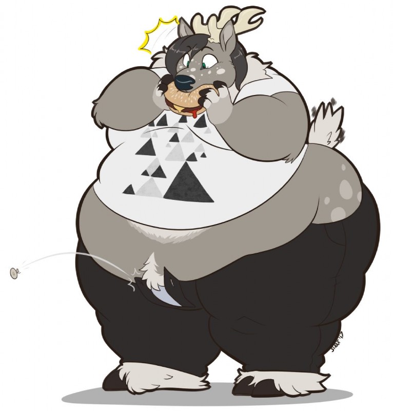 anthro antlers belly big_belly big_butt burger butt button_(fastener) button_pop clothed clothing eating food fur grey_body grey_fur holding_food holding_object hooves horn male midriff moobs obese obese_anthro obese_male overweight overweight_anthro overweight_male solo standing surprise thick_thighs wardrobe_malfunction wide_hips shout_(artist) max_(wackywalrus270) deer mammal