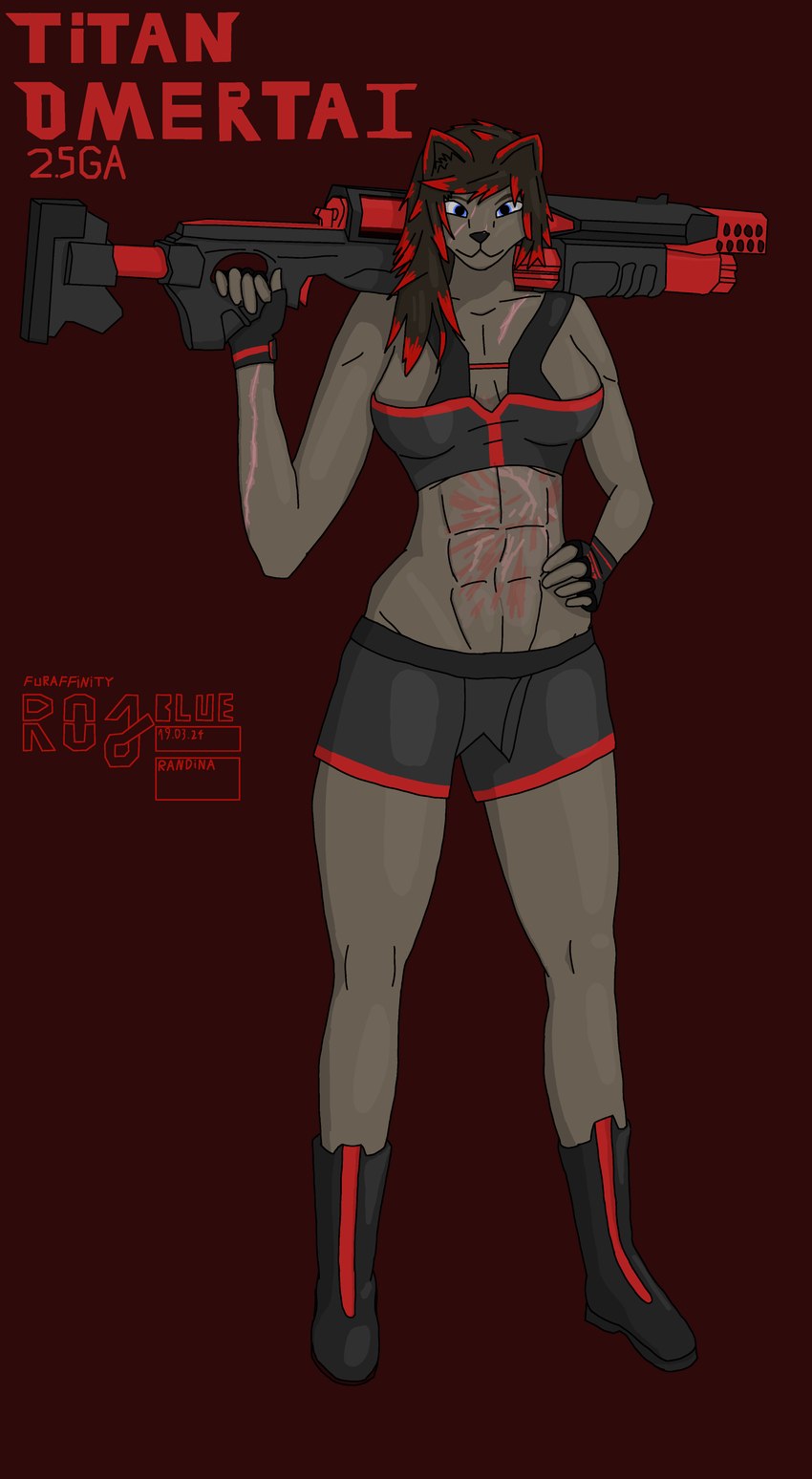 anthro big_breasts big_eyes boots boxers_(clothing) bra breasts brown_body brown_hair brown_skin burn_scar clothing female footwear gloves gun hair handwear large_weapon muscular pose ranged_weapon red_hair scar shoes shotgun solo sports_bra sportswear underwear weapon rojblue felid feline mammal absurd_res digital_media_(artwork) hi_res pinup