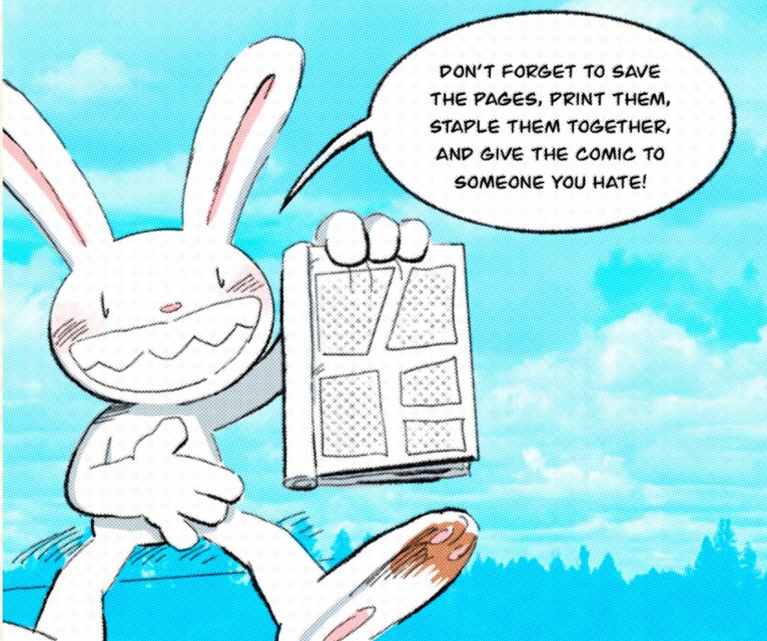 anthro blush dialogue grin humor male sharp_teeth smile solo teeth text teddyclowns sam_and_max max_(sam_and_max) lagomorph leporid mammal rabbit comic english_text