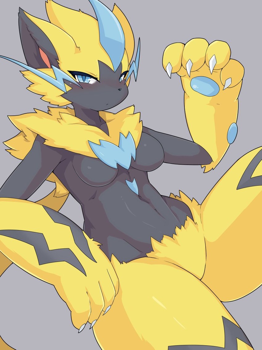 4_fingers anthro anthrofied black_nose blue_body blue_eyes blush breasts chest_tuft claws featureless_breasts featureless_crotch female female_anthro finger_claws fingers fur grey_body half-closed_eyes kemono looking_at_viewer markings narrowed_eyes navel nude pawpads paws pokemorph solo tail tuft yellow_body yellow_fur takeshi_kemo nintendo pokemon felid feline generation_7_pokemon legendary_pokemon mammal pokemon_(species) zeraora 2021 3:4 digital_media_(artwork) hi_res