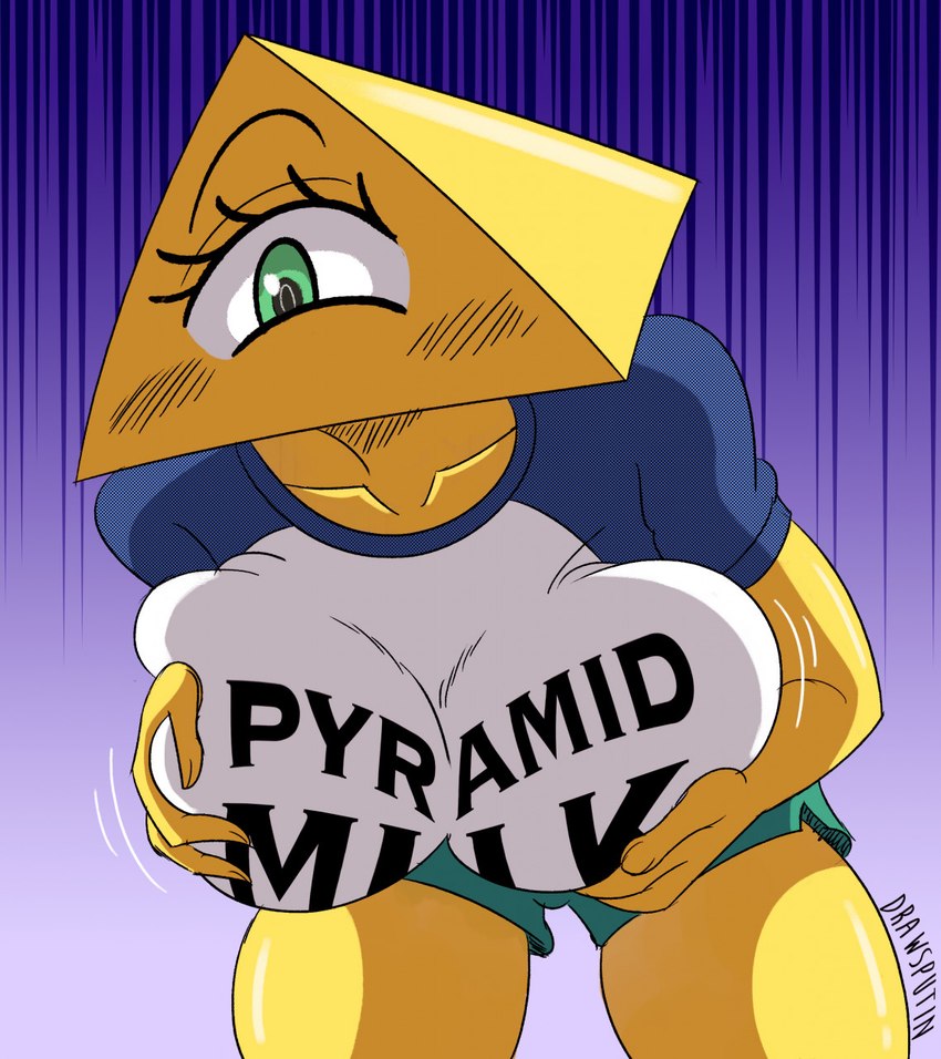 1_eye big_breasts big_eye bottomwear breasts clothing female for_a_head front_view green_eyes green_pupils holding_breast illuminati pupils pyramid shirt shorts solo topwear yellow_body drawsputin mega_milk ms._illumine humanoid object_head shape_head hi_res meme