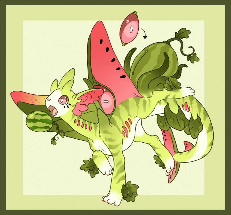 border feral food fruit green_background green_body green_border melon membrane_(anatomy) membranous_wings open_mouth pink_nose plant running simple_background solo tail watermelon white_body wings japanda mythology dragon elemental_creature flora_fauna food_creature living_fruit living_watermelon mythological_creature mythological_scalie scalie watermelon_dragon