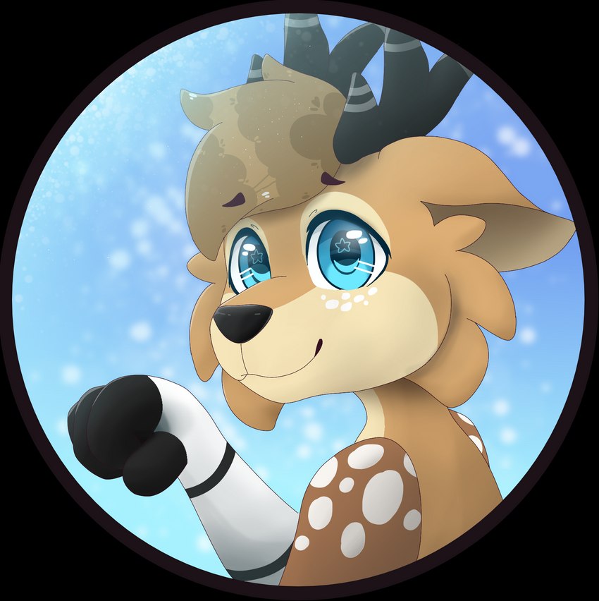 anthro antlers black_antlers black_body black_fur black_nose blue_background blue_eyes brown_body brown_fur brown_hair cheek_tuft circle eyebrow_through_hair eyebrows facial_tuft fur hair horn looking_back male male_anthro nude simple_background smile snout snow snowing solo tan_body tan_fur translucent translucent_hair tuft white_body white_fur mintychipart cervine chital deer mammal 2021 alpha_channel bust_portrait digital_drawing_(artwork) digital_media_(artwork) hi_res krita_(artwork) portrait shaded soft_shading nonbinary_(lore) trans_(lore)