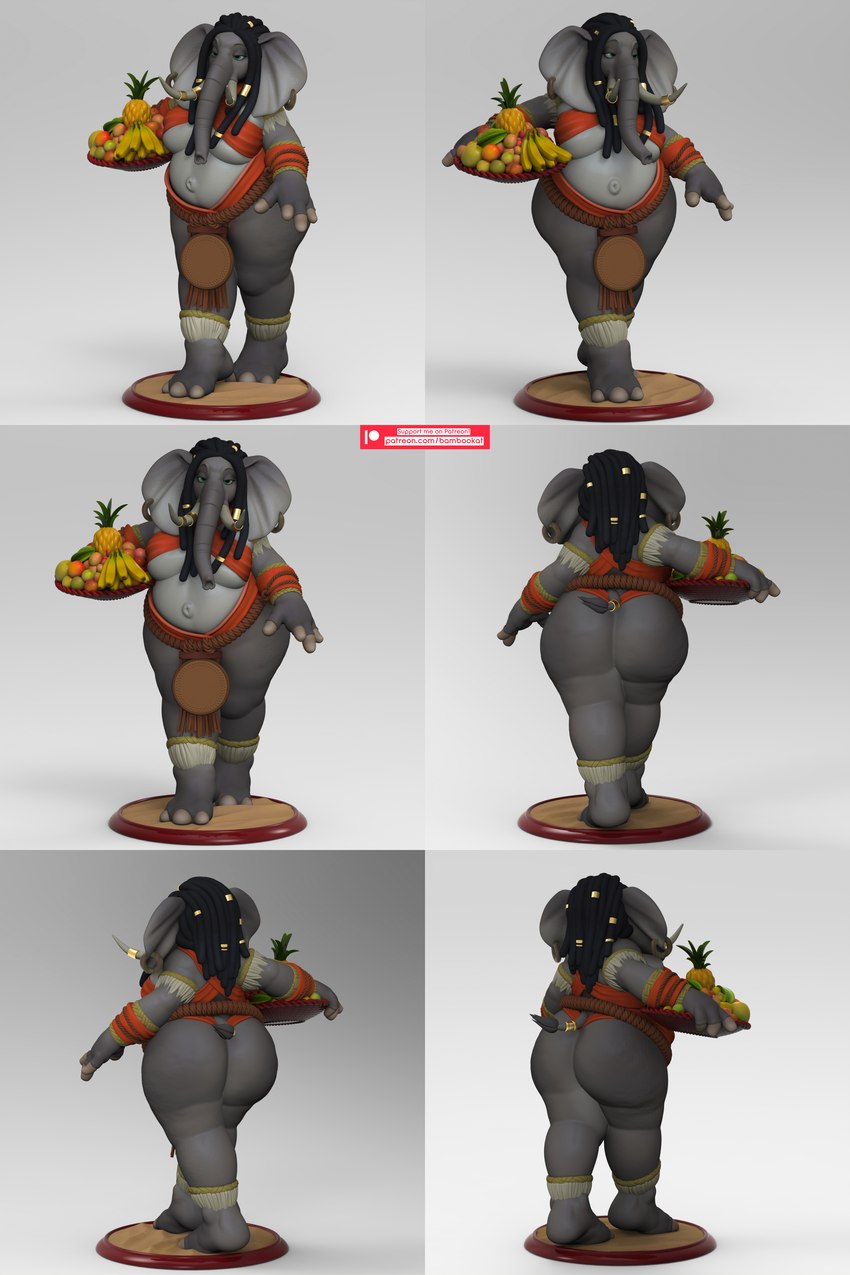 anthro big_breasts big_butt breasts butt dreadlocks ear_piercing ear_ring female food fruit kyanga piercing plant platter ring_piercing solo thick_thighs tusks under_boob wide_hips bambookat elephant elephantid mammal proboscidean 2:3 3d_(artwork) absurd_res digital_media_(artwork) hi_res