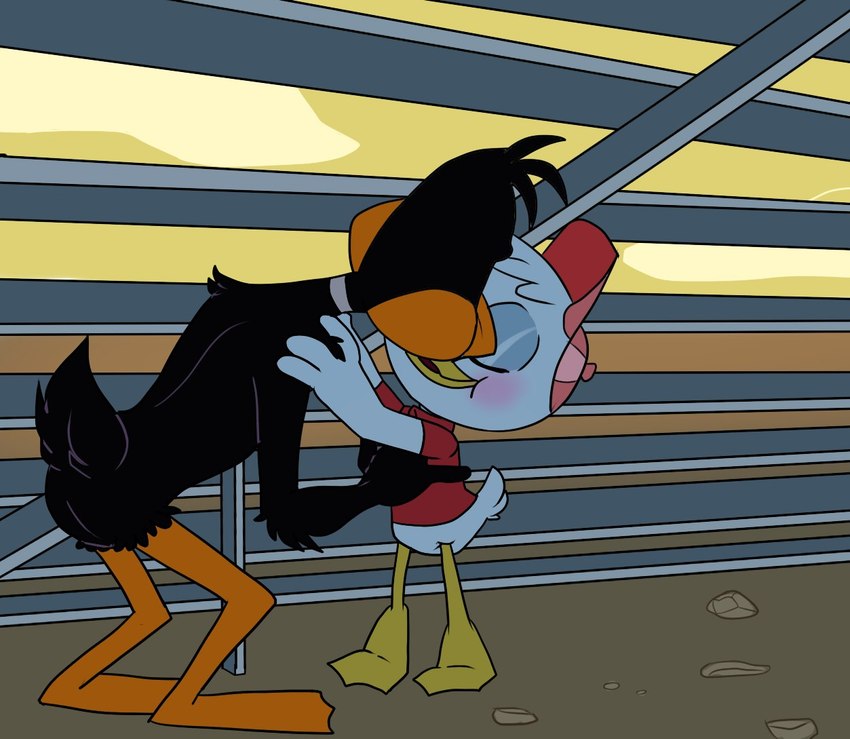 adult_on_young age_difference anthro blush clothed clothing duo eyes_closed hat headgear headwear hug kissing male male/male outside young igotdragons disney ducktales ducktales_(2017) looney_tunes warner_brothers daffy_duck huey_duck anatid anseriform avian bird duck