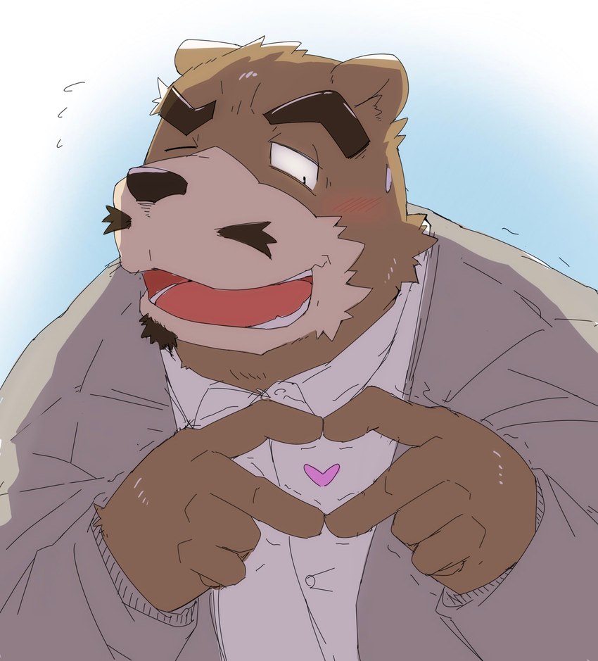 anthro blush brown_body clothing heart_symbol humanoid_hands kemono male one_eye_closed shirt solo topwear wink emufu bear canid canine canis domestic_dog mammal 2022 hi_res portrait