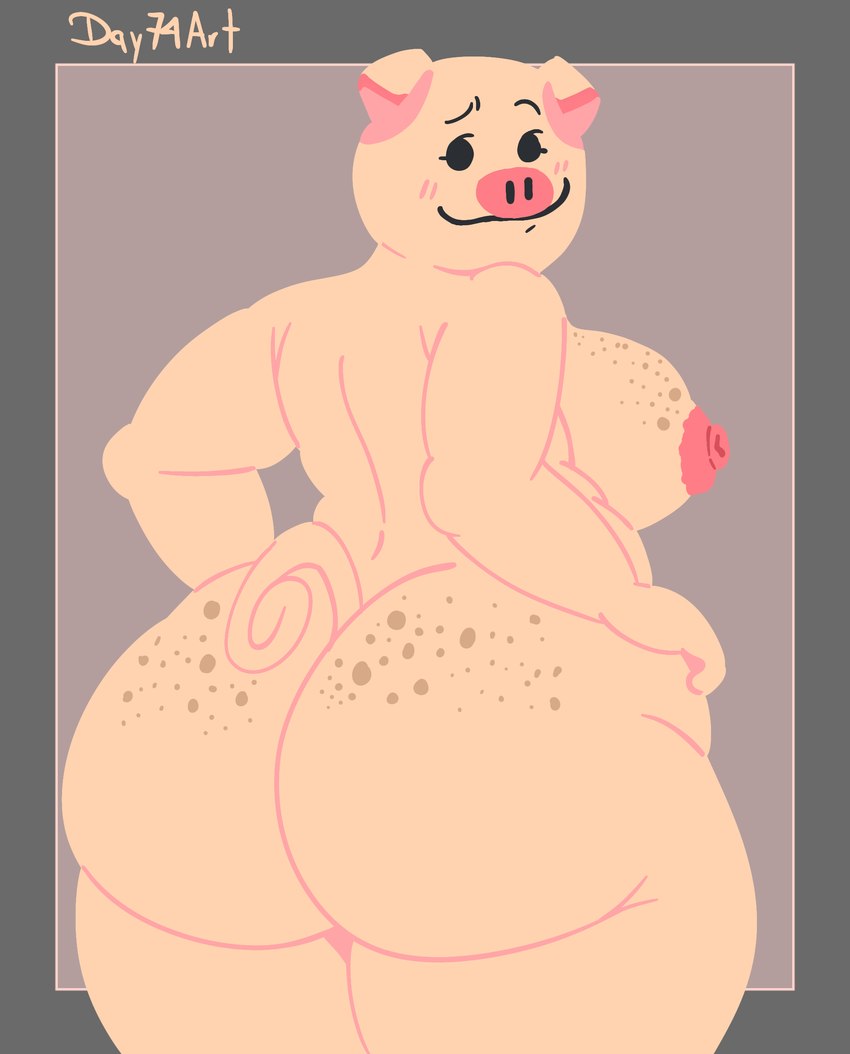 anthro big_breasts big_butt breasts butt emoji female freckled_breasts freckled_butt freckles huge_butt looking_at_viewer looking_back overweight pink_body pink_skin slightly_chubby slightly_chubby_female smile solo day74art domestic_pig mammal suid suine sus_(pig) absurd_res hi_res